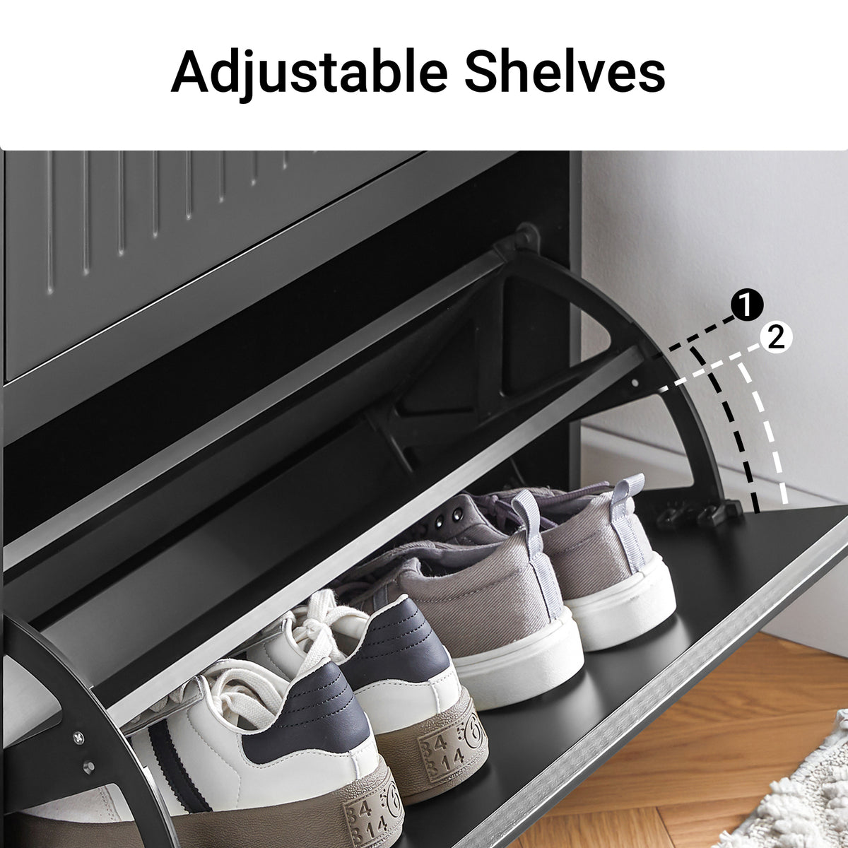 SoBuy FSR165-SCH pull-out drawer and flip drawer detail – slim black shoe storage cupboard