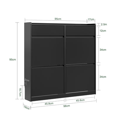 Pre-sale SoBuy FSR169-SCH, Slim Shoe Cabinet 98cm Wide with 4 Flip Drawers for Hallway | Narrow Shoe Storage Unit with 2 Pull-Out Drawers, Space-Saving Shoe Cupboard for Entryway, Black MDF, 98x19x95cm