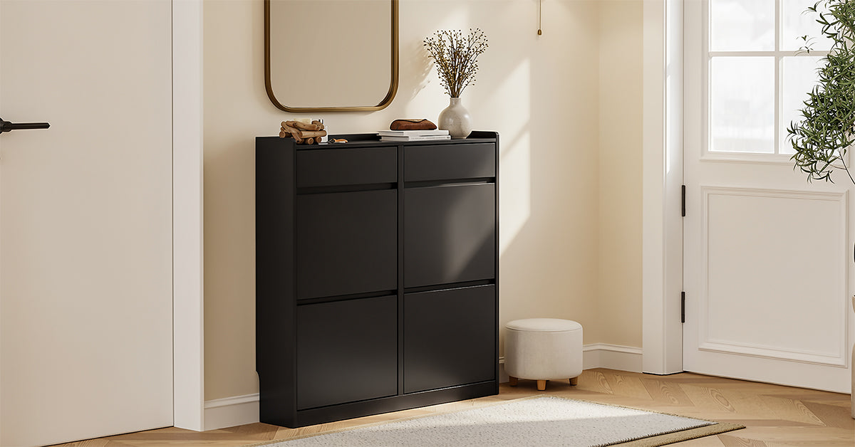 Pre-sale SoBuy FSR169-SCH, Slim Shoe Cabinet 98cm Wide with 4 Flip Drawers for Hallway | Narrow Shoe Storage Unit with 2 Pull-Out Drawers, Space-Saving Shoe Cupboard for Entryway, Black MDF, 98x19x95cm