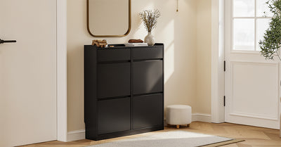 Pre-sale SoBuy FSR169-SCH, Slim Shoe Cabinet 98cm Wide with 4 Flip Drawers for Hallway | Narrow Shoe Storage Unit with 2 Pull-Out Drawers, Space-Saving Shoe Cupboard for Entryway, Black MDF, 98x19x95cm