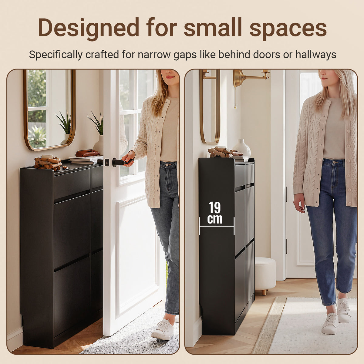 Pre-sale SoBuy FSR169-SCH, Slim Shoe Cabinet 98cm Wide with 4 Flip Drawers for Hallway | Narrow Shoe Storage Unit with 2 Pull-Out Drawers, Space-Saving Shoe Cupboard for Entryway, Black MDF, 98x19x95cm