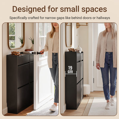 Pre-sale SoBuy FSR169-SCH, Slim Shoe Cabinet 98cm Wide with 4 Flip Drawers for Hallway | Narrow Shoe Storage Unit with 2 Pull-Out Drawers, Space-Saving Shoe Cupboard for Entryway, Black MDF, 98x19x95cm