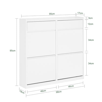 SoBuy FSR169-W, Slim Shoe Cabinet 98cm Wide with 4 Flip Drawers for Hallway | Narrow Shoe Storage Unit with 2 Pull-Out Drawers, Space-Saving Shoe Cupboard for Entryway, White MDF, 98x19x95cm