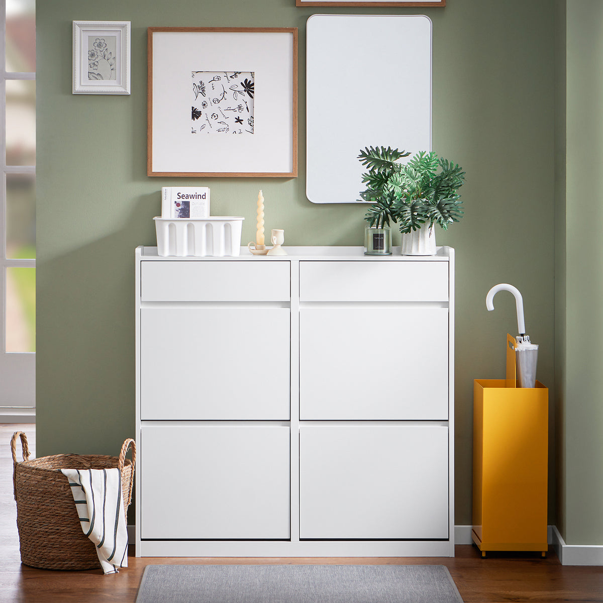 SoBuy FSR169-W, Slim Shoe Cabinet 98cm Wide with 4 Flip Drawers for Hallway | Narrow Shoe Storage Unit with 2 Pull-Out Drawers, Space-Saving Shoe Cupboard for Entryway, White MDF, 98x19x95cm