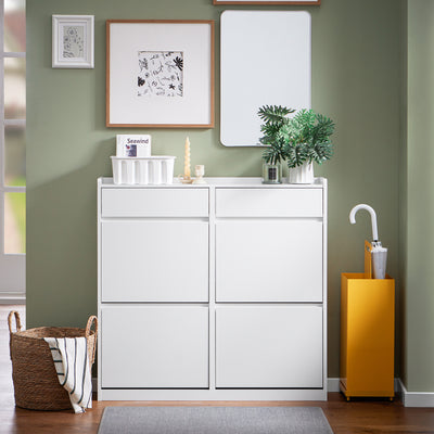 SoBuy FSR169-W, Slim Shoe Cabinet 98cm Wide with 4 Flip Drawers for Hallway | Narrow Shoe Storage Unit with 2 Pull-Out Drawers, Space-Saving Shoe Cupboard for Entryway, White MDF, 98x19x95cm