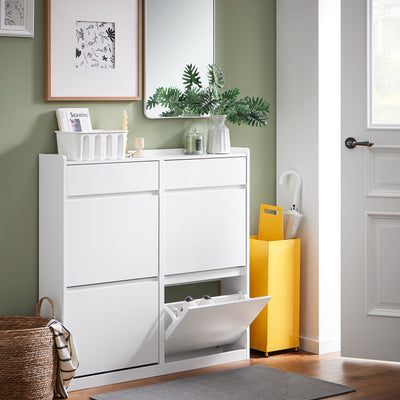 SoBuy FSR169-W, Slim Shoe Cabinet 98cm Wide with 4 Flip Drawers for Hallway | Narrow Shoe Storage Unit with 2 Pull-Out Drawers, Space-Saving Shoe Cupboard for Entryway, White MDF, 98x19x95cm