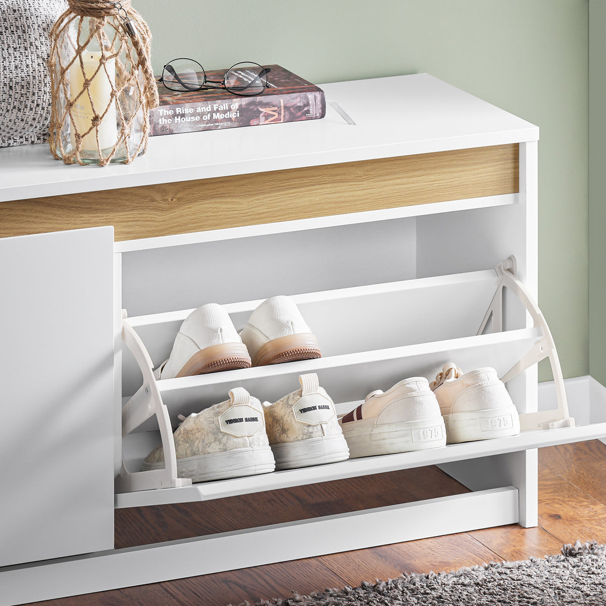 SoBuy FSR171-W, Hallway Shoe Bench Shoe Cabinet Shoe Rack with 2 Flip-drawers, White