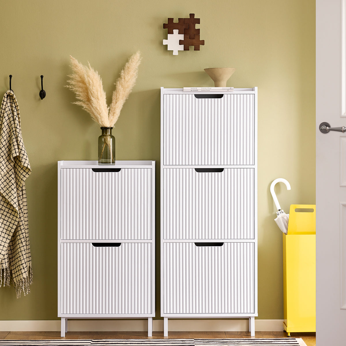 Made of sturdy E1 MDF, this white tall hallway shoe cabinet comes with clear instructions and an anti-tip device for secure installation.