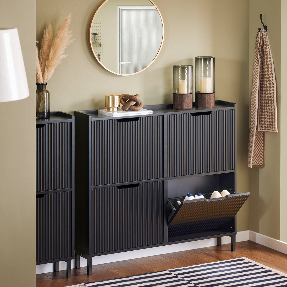 slim wooden shoe storage cupboard in hallway entrance