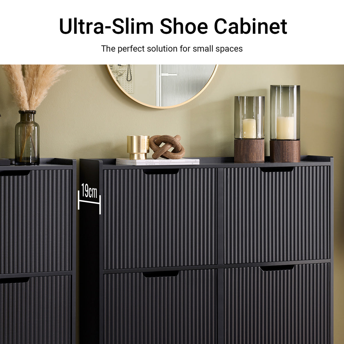 This slim shoe cabinet features a narrow 19cm depth, making it perfect for hallways.