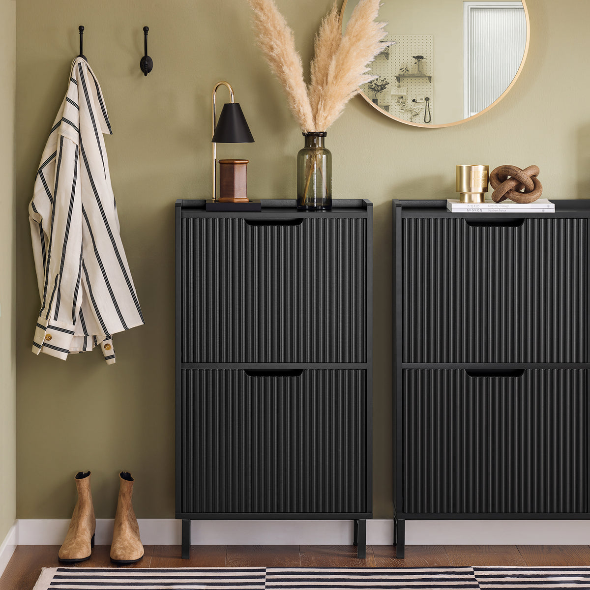 SoBuy FSR177-SCH black narrow hallway shoe cabinet with 2 flip drawers