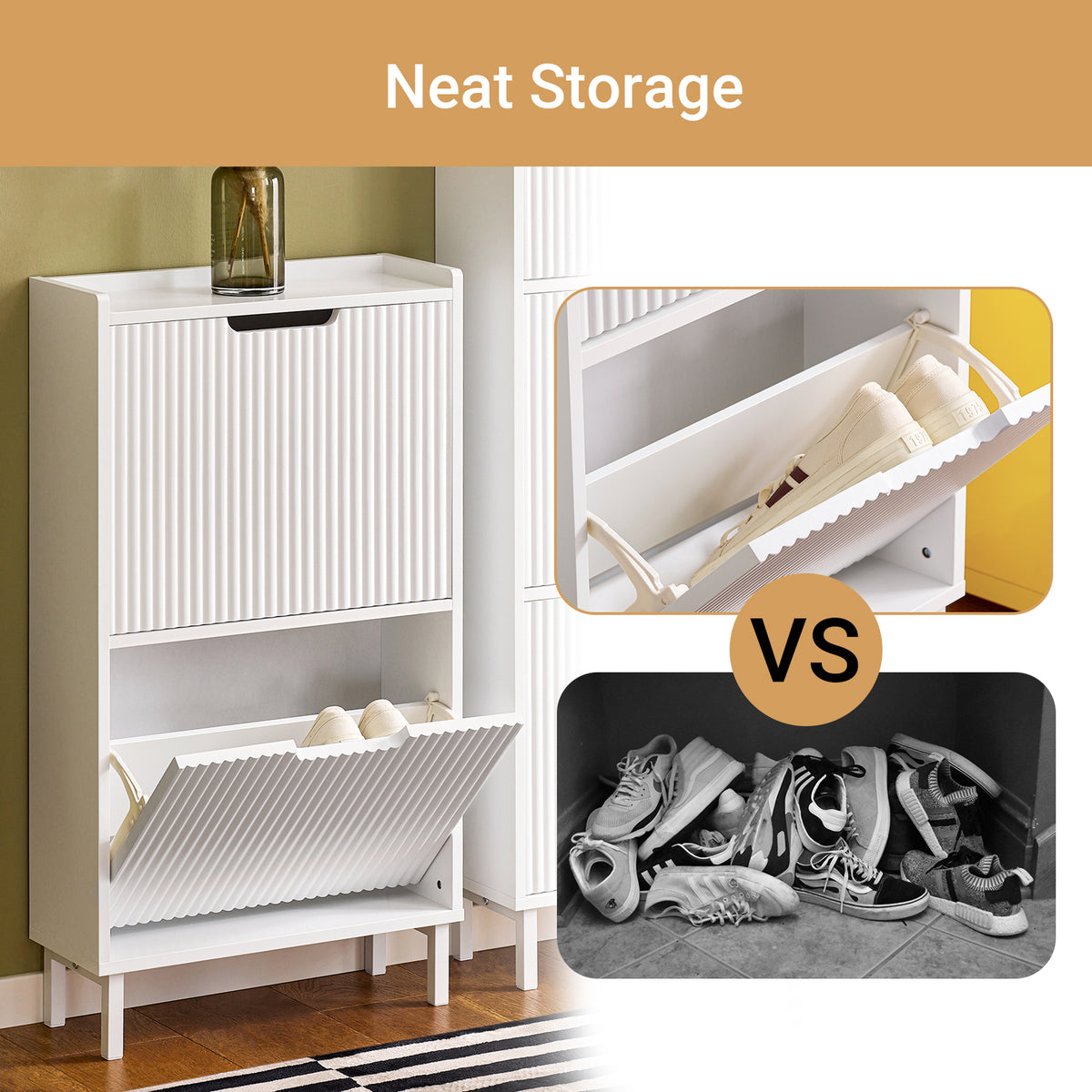 FSR177-W white hallway shoe cabinet scene view 2 flip drawers open showing interior storage