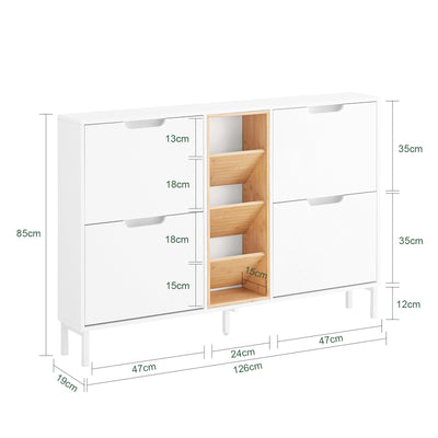 SoBuy FSR183-WN, 4 Flip-drawers 3 Open Shelves Shoe Cabinet Shoe Storage Cupboard, White and Natural