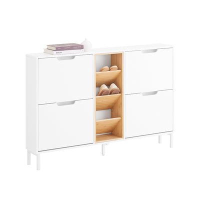 SoBuy FSR183-WN, 4 Flip-drawers 3 Open Shelves Shoe Cabinet Shoe Storage Cupboard, White and Natural