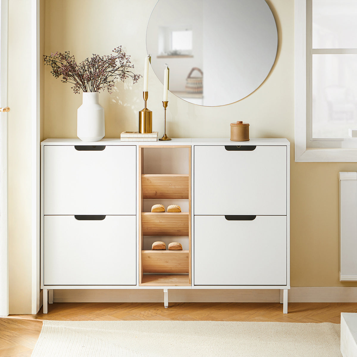 SoBuy FSR183-WN, 4 Flip-drawers 3 Open Shelves Shoe Cabinet Shoe Storage Cupboard, White and Natural