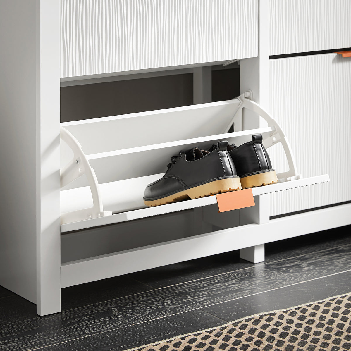SoBuy FSR186-II-W, Shoe Rack Shoe Storage Cabinet - Slim Narrow 4 Flip Drawers Hallway Storage Unit with Stylish MDF - Easy Assembly with Metal Handles, 104x23x82cm White