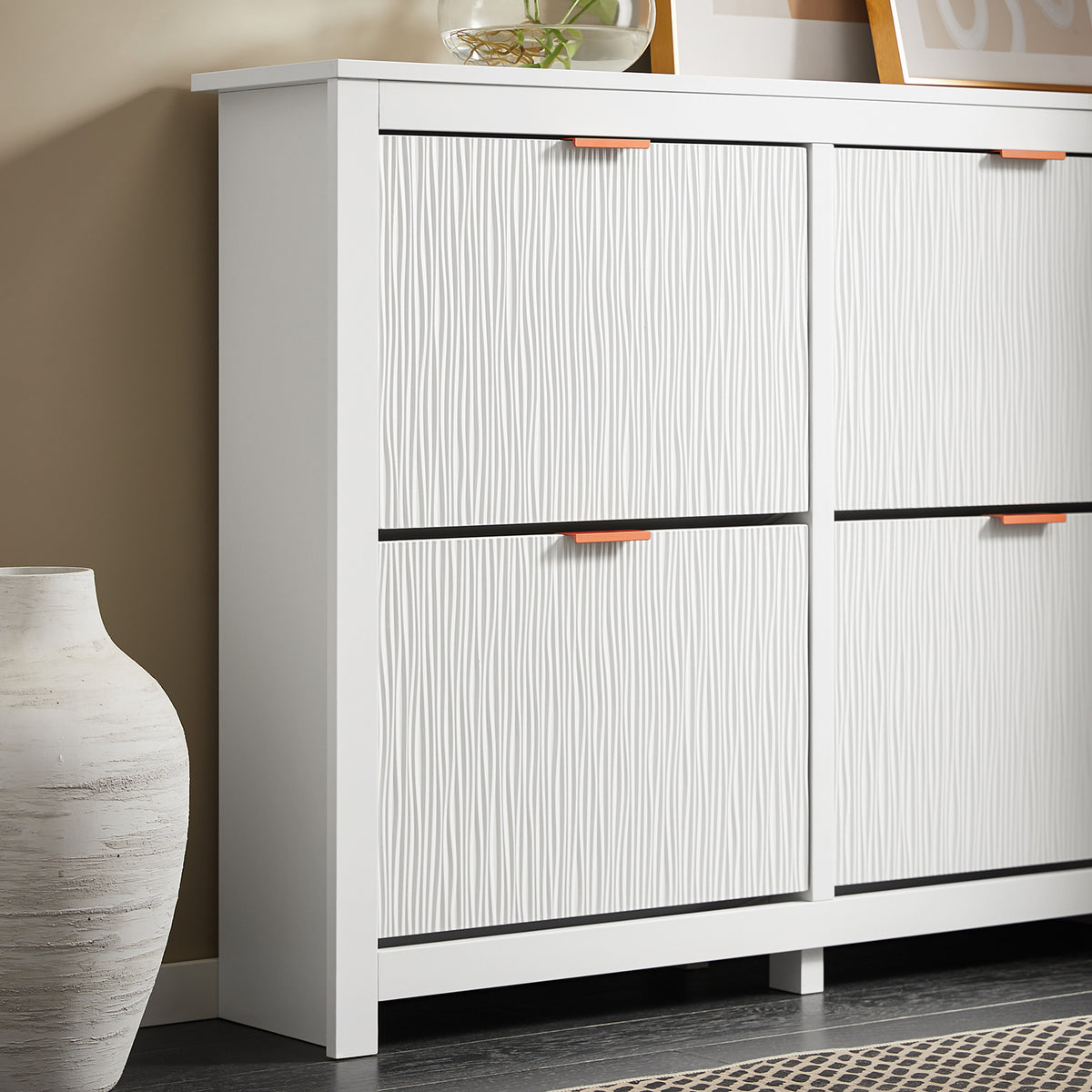 SoBuy FSR186-II-W, Shoe Rack Shoe Storage Cabinet - Slim Narrow 4 Flip Drawers Hallway Storage Unit with Stylish MDF - Easy Assembly with Metal Handles, 104x23x82cm White