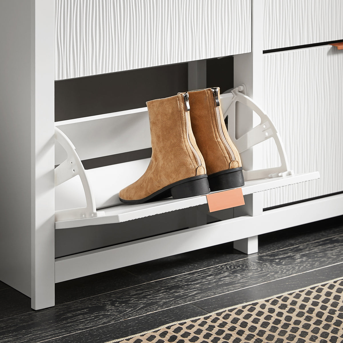 SoBuy FSR186-II-W, Shoe Rack Shoe Storage Cabinet - Slim Narrow 4 Flip Drawers Hallway Storage Unit with Stylish MDF - Easy Assembly with Metal Handles, 104x23x82cm White