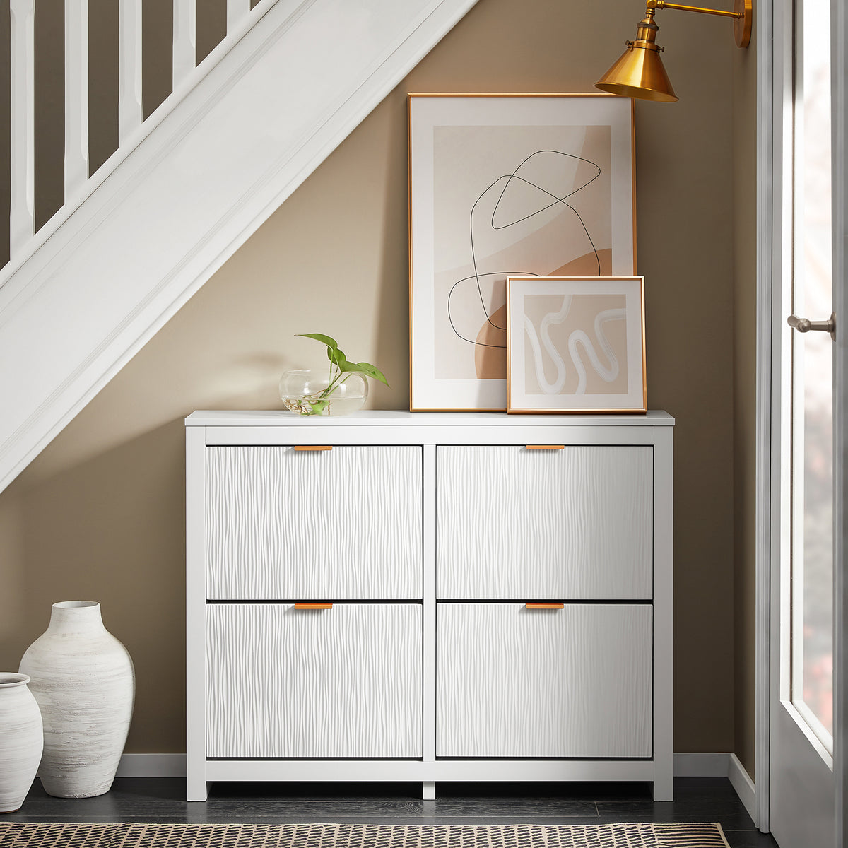 SoBuy FSR186-II-W, Shoe Rack Shoe Storage Cabinet - Slim Narrow 4 Flip Drawers Hallway Storage Unit with Stylish MDF - Easy Assembly with Metal Handles, 104x23x82cm White