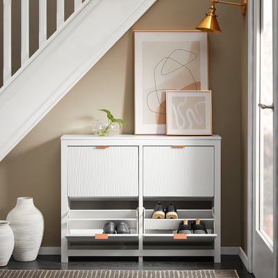 SoBuy FSR186-II-W, Shoe Rack Shoe Storage Cabinet - Slim Narrow 4 Flip Drawers Hallway Storage Unit with Stylish MDF - Easy Assembly with Metal Handles, 104x23x82cm White