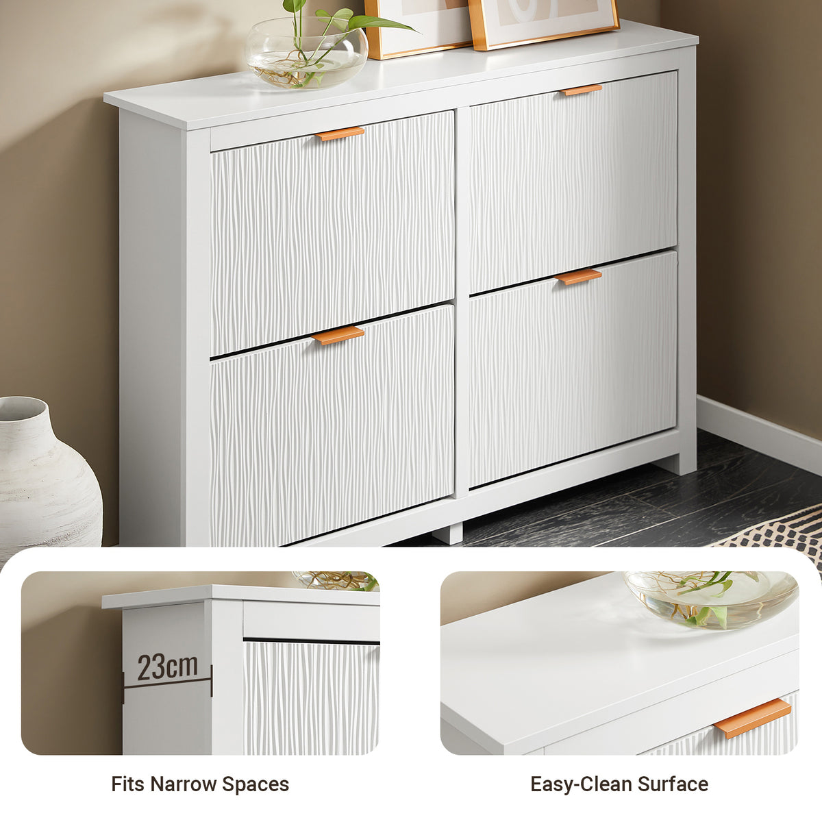 SoBuy FSR186-II-W, Shoe Rack Shoe Storage Cabinet - Slim Narrow 4 Flip Drawers Hallway Storage Unit with Stylish MDF - Easy Assembly with Metal Handles, 104x23x82cm White