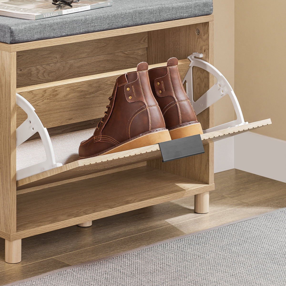SoBuy FSR199-N Shoe Storage Bench with Seat – Flip Drawer, 4cm Cushion, 118kg, Compact Hallway Entryway Unit, Light Wood Grey, 60x24x50cm