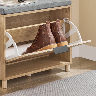 SoBuy FSR199-N Shoe Storage Bench with Seat – Flip Drawer, 4cm Cushion, 118kg, Compact Hallway Entryway Unit, Light Wood Grey, 60x24x50cm