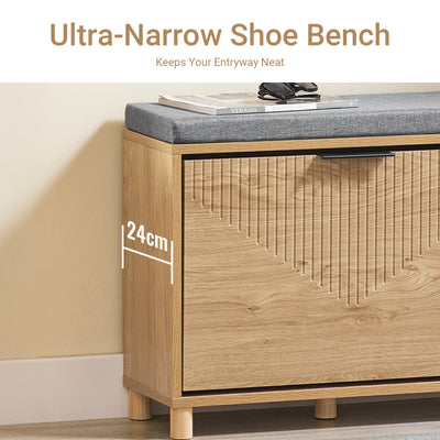 SoBuy FSR199-N Shoe Storage Bench with Seat – Flip Drawer, 4cm Cushion, 118kg, Compact Hallway Entryway Unit, Light Wood Grey, 60x24x50cm