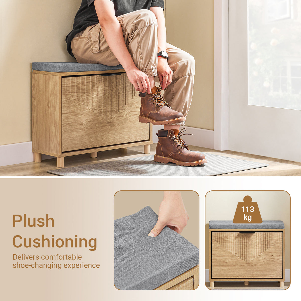 SoBuy FSR199-N Shoe Storage Bench with Seat – Flip Drawer, 4cm Cushion, 118kg, Compact Hallway Entryway Unit, Light Wood Grey, 60x24x50cm