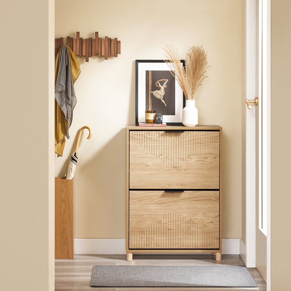 SoBuy FSR200-II-N, Slim Shoe Cabinet Storage Hallway with Flip Doors – Narrow Shoe Rack Cupboard Unit for 8 Pairs – Small Wooden Storage Cabinet for Hallways, Natural light wood texture, 60x24x83cm