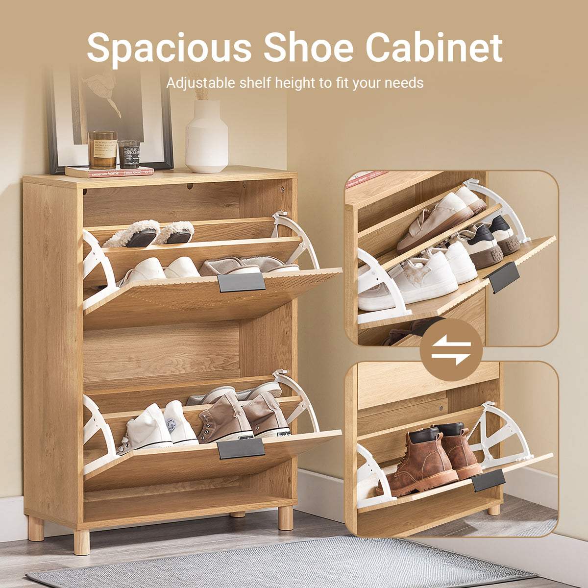 SoBuy FSR200-II-N, Slim Shoe Cabinet Storage Hallway with Flip Doors – Narrow Shoe Rack Cupboard Unit for 8 Pairs – Small Wooden Storage Cabinet for Hallways, Natural light wood texture, 60x24x83cm