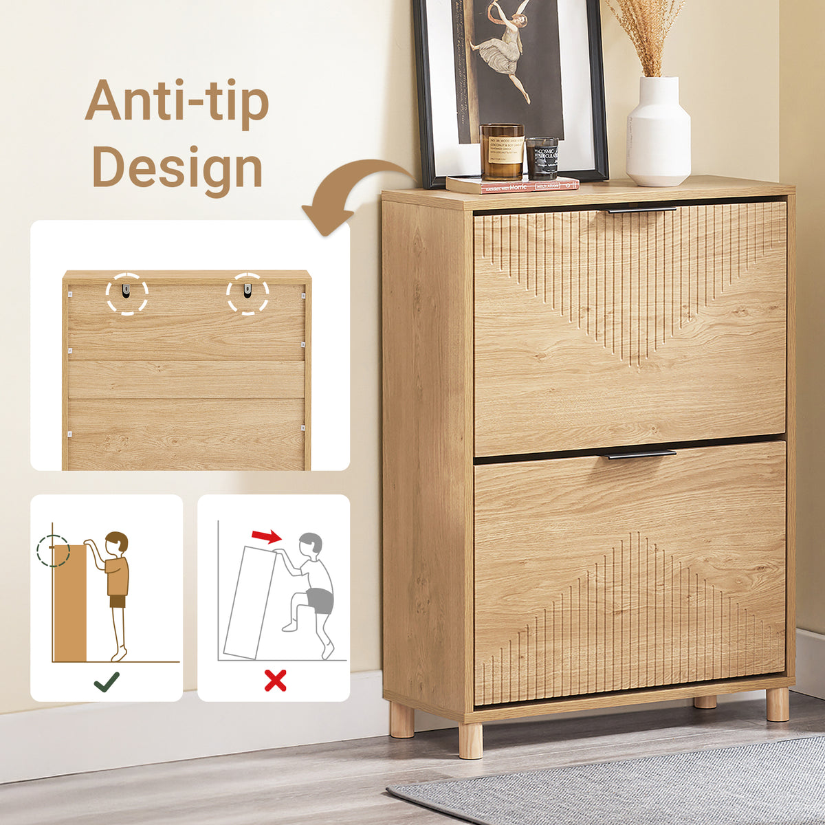SoBuy FSR200-II-N, Slim Shoe Cabinet Storage Hallway with Flip Doors – Narrow Shoe Rack Cupboard Unit for 8 Pairs – Small Wooden Storage Cabinet for Hallways, Natural light wood texture, 60x24x83cm