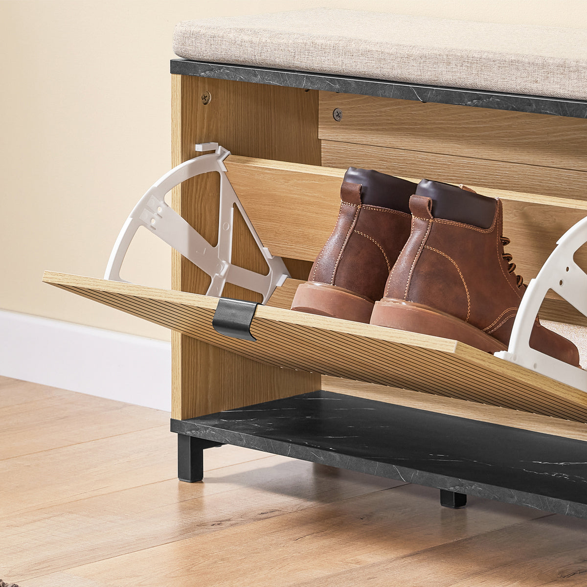 SoBuy FSR201-N, Shoe Storage Bench Shoe Rack Bench with Padded Seat – Flip-Drawer Wooden Hallway Bench for Entryway, 113kg Load, W60xD24xH50cm, Black Marble+Natural