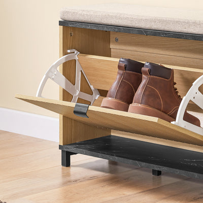 SoBuy FSR201-N, Shoe Storage Bench Shoe Rack Bench with Padded Seat – Flip-Drawer Wooden Hallway Bench for Entryway, 113kg Load, W60xD24xH50cm, Black Marble+Natural