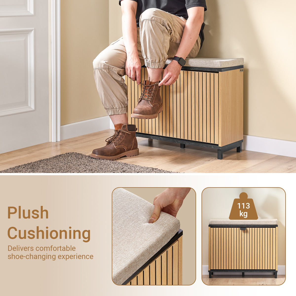 SoBuy FSR201-N, Shoe Storage Bench Shoe Rack Bench with Padded Seat – Flip-Drawer Wooden Hallway Bench for Entryway, 113kg Load, W60xD24xH50cm, Black Marble+Natural