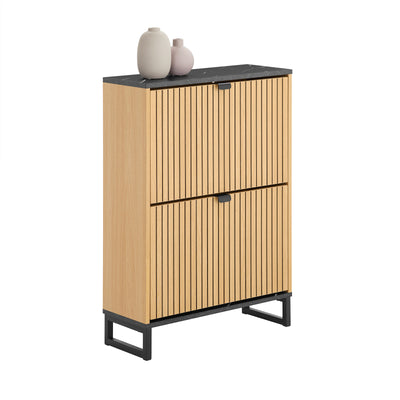 SoBuy FSR202-N, Shoe Cabinet Storage Cabinet – Slim Narrow Shoe Rack with Flip Drawers for 8-12 Pairs, Hallway Storage Unit in Black Marble & Light Wood, 60×24×88cm, 30kg Load