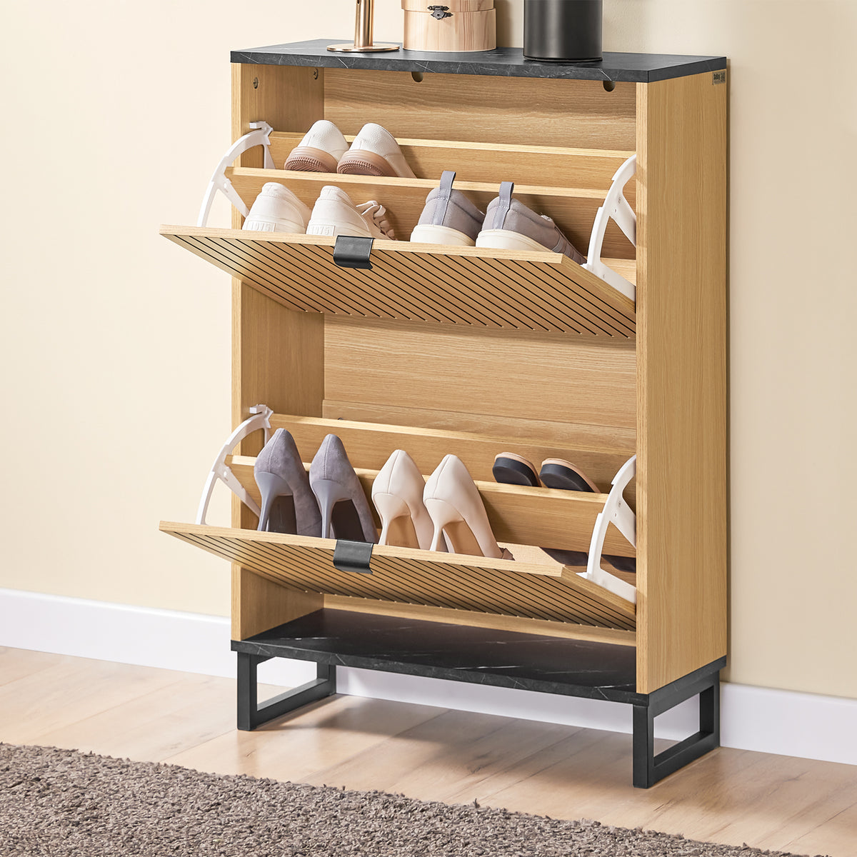 SoBuy FSR202-N, Shoe Cabinet Storage Cabinet – Slim Narrow Shoe Rack with Flip Drawers for 8-12 Pairs, Hallway Storage Unit in Black Marble & Light Wood, 60×24×88cm, 30kg Load