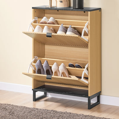 SoBuy FSR202-N, Shoe Cabinet Storage Cabinet – Slim Narrow Shoe Rack with Flip Drawers for 8-12 Pairs, Hallway Storage Unit in Black Marble & Light Wood, 60×24×88cm, 30kg Load