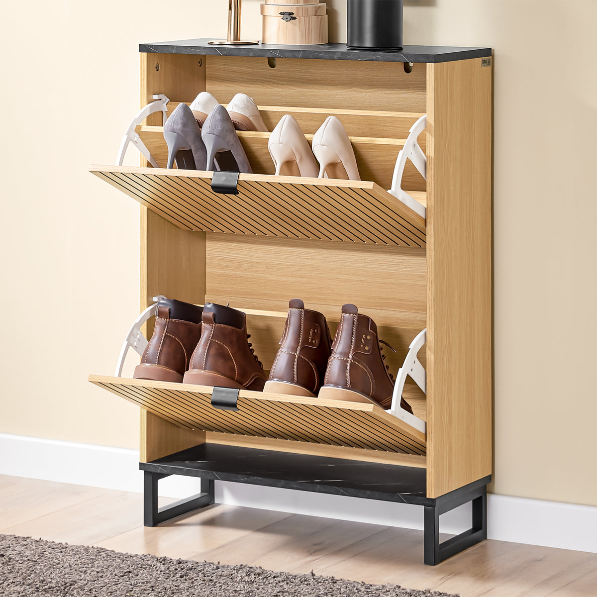 SoBuy FSR202-N, Shoe Cabinet Storage Cabinet – Slim Narrow Shoe Rack with Flip Drawers for 8-12 Pairs, Hallway Storage Unit in Black Marble & Light Wood, 60×24×88cm, 30kg Load