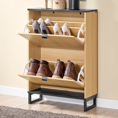 SoBuy FSR202-N, Shoe Cabinet Storage Cabinet – Slim Narrow Shoe Rack with Flip Drawers for 8-12 Pairs, Hallway Storage Unit in Black Marble & Light Wood, 60×24×88cm, 30kg Load