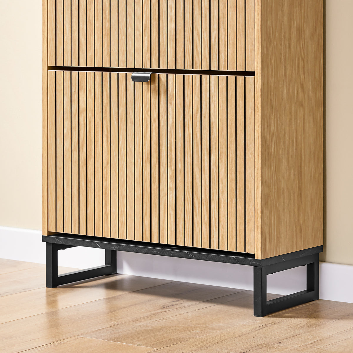 SoBuy FSR202-N, Shoe Cabinet Storage Cabinet – Slim Narrow Shoe Rack with Flip Drawers for 8-12 Pairs, Hallway Storage Unit in Black Marble & Light Wood, 60×24×88cm, 30kg Load