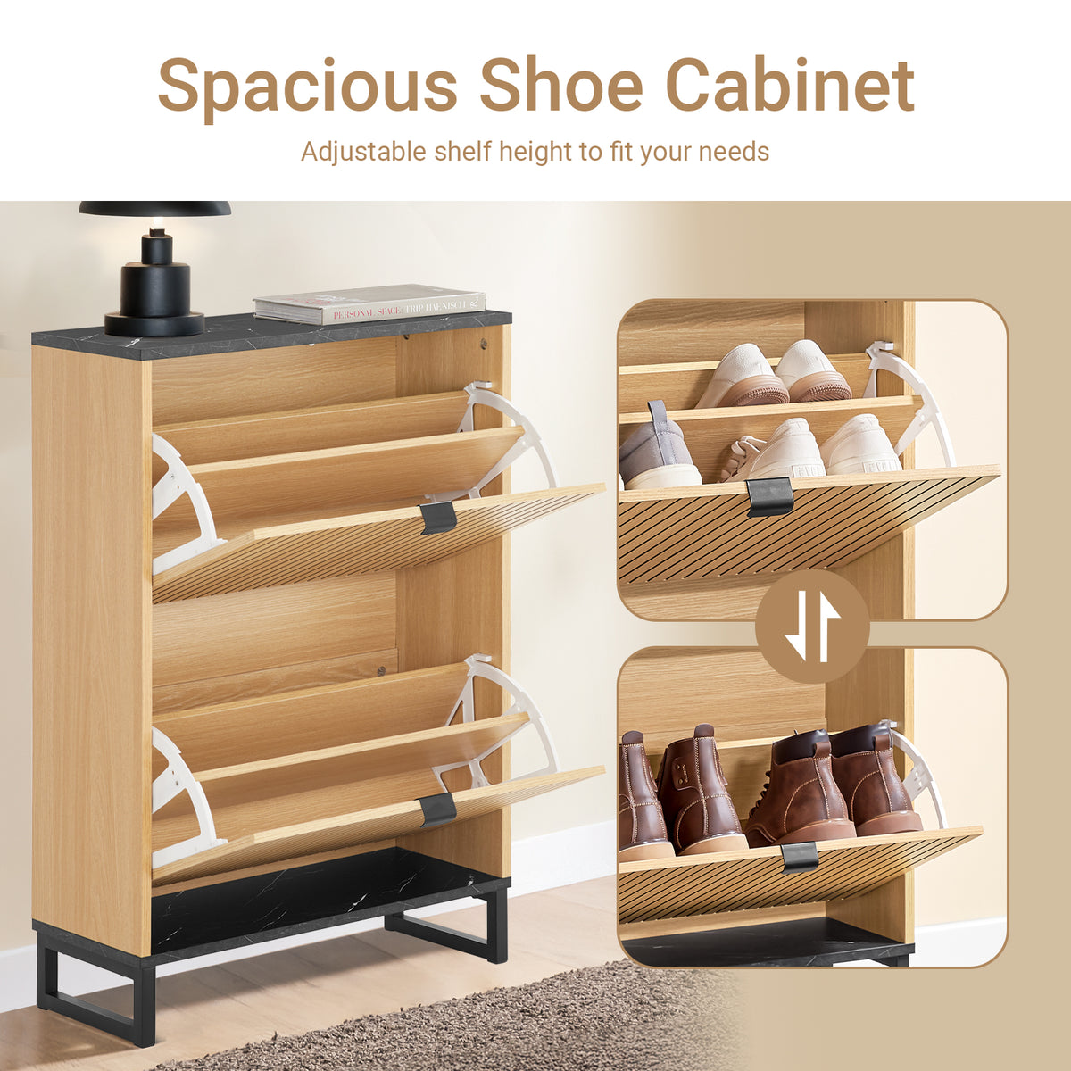 SoBuy FSR202-N, Shoe Cabinet Storage Cabinet – Slim Narrow Shoe Rack with Flip Drawers for 8-12 Pairs, Hallway Storage Unit in Black Marble & Light Wood, 60×24×88cm, 30kg Load