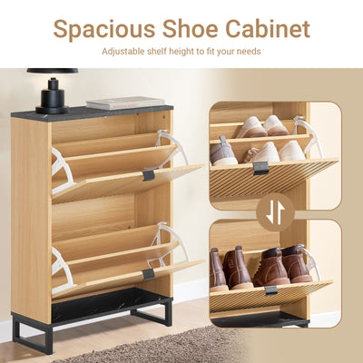 SoBuy FSR202-N, Shoe Cabinet Storage Cabinet – Slim Narrow Shoe Rack with Flip Drawers for 8-12 Pairs, Hallway Storage Unit in Black Marble & Light Wood, 60×24×88cm, 30kg Load