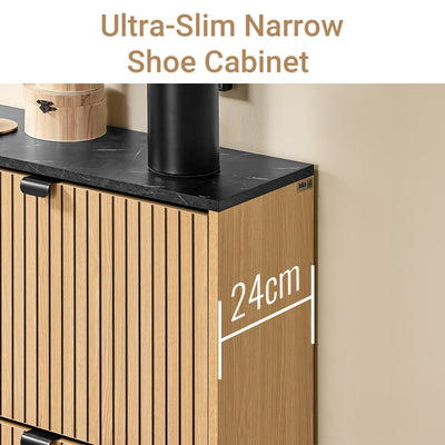 SoBuy FSR202-N, Shoe Cabinet Storage Cabinet – Slim Narrow Shoe Rack with Flip Drawers for 8-12 Pairs, Hallway Storage Unit in Black Marble & Light Wood, 60×24×88cm, 30kg Load