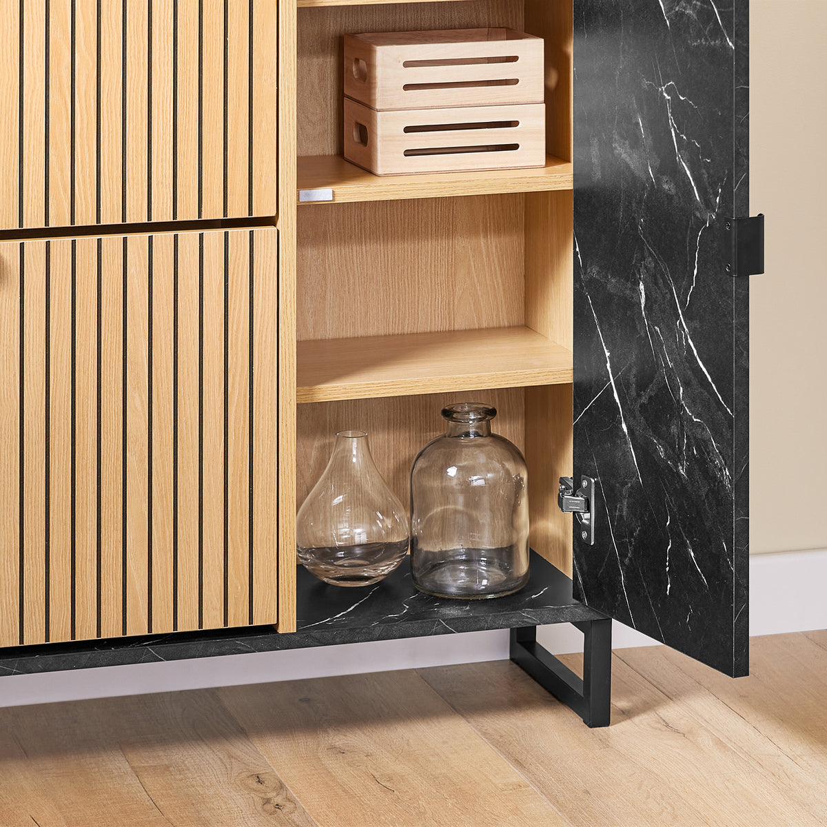 SoBuy FSR203-N, Shoe Rack – Slim Shoe Storage Cabinet 8-Pair with Hidden Shelf & Side Cabinet for Extra Storage – Narrow Design for Hallway – Black Marble & Light Wood, 90cm x 88cm