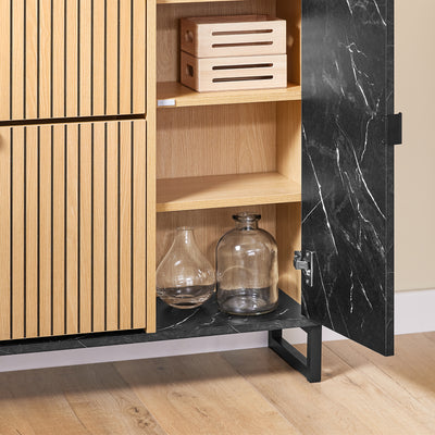 SoBuy FSR203-N, Shoe Rack – Slim Shoe Storage Cabinet 8-Pair with Hidden Shelf & Side Cabinet for Extra Storage – Narrow Design for Hallway – Black Marble & Light Wood, 90cm x 88cm