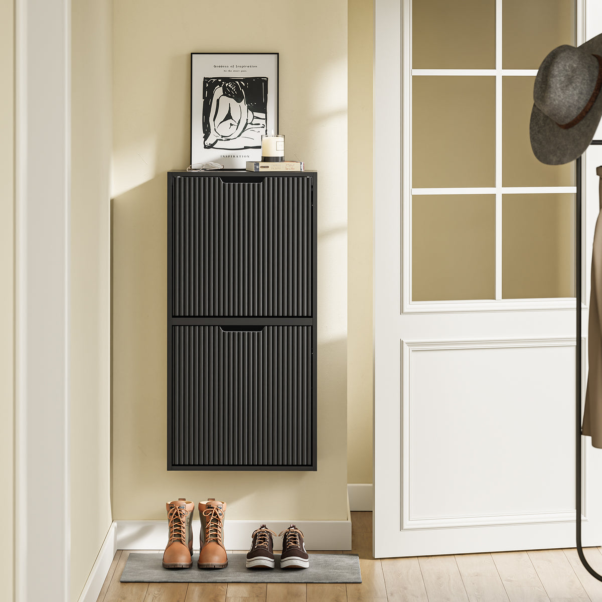SoBuy FSR204-SCH Black Slim Hallway Shoe Cabinet with Reversible Swing Doors & Small Item Storage – Ultra Slim 19cm Deep, W50 x H100cm