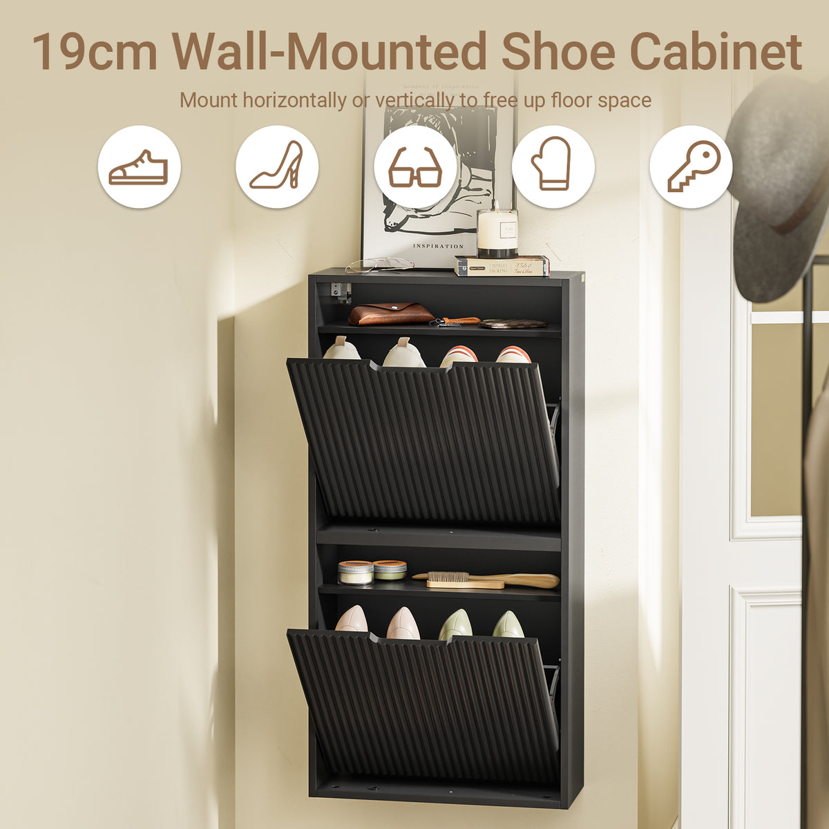 SoBuy FSR204-SCH Black Slim Hallway Shoe Cabinet with Reversible Swing Doors & Small Item Storage – Ultra Slim 19cm Deep, W50 x H100cm