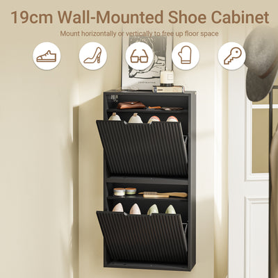 SoBuy FSR204-SCH Black Slim Hallway Shoe Cabinet with Reversible Swing Doors & Small Item Storage – Ultra Slim 19cm Deep, W50 x H100cm