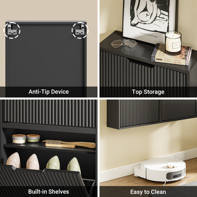 SoBuy FSR204-SCH Black Slim Hallway Shoe Cabinet with Reversible Swing Doors & Small Item Storage – Ultra Slim 19cm Deep, W50 x H100cm